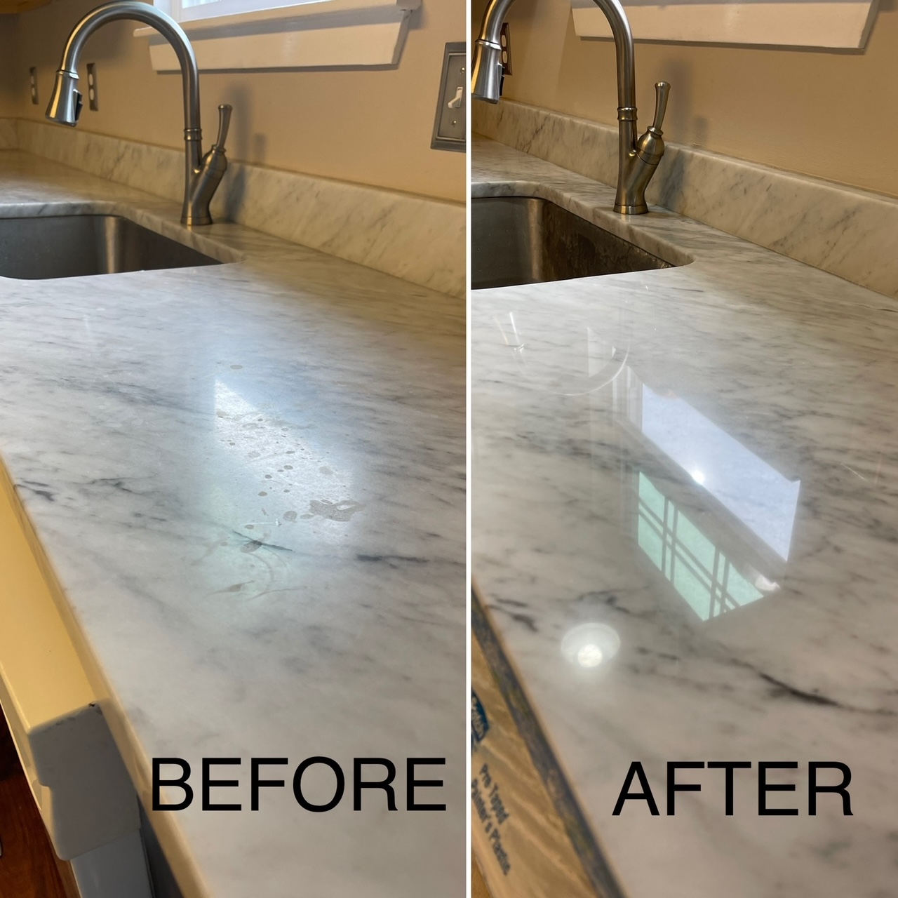 Before and after: marble countertop refinished from etched and dull to mirror polish